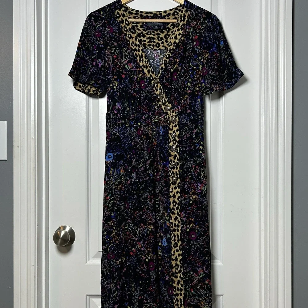 Maeve Anthropologie Mixed Print Wildflower Floral Leopard Trim Button Midi Dress